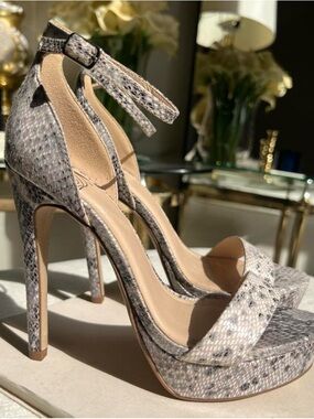 Women’s Platform Ankle-Strap High Heels in Snake Print